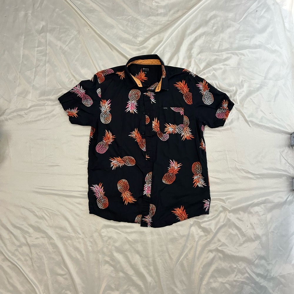 Matix Pineapple Print Hawaiian Button-Up Shirt – Black/Orange (Men’s Large)